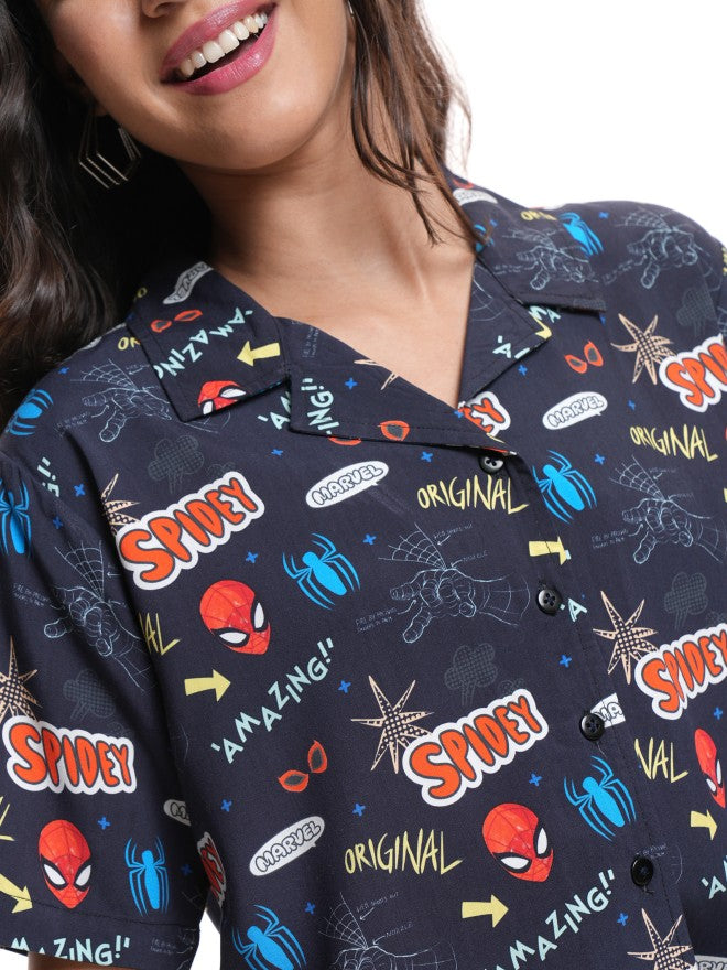 Marvel By Tokyo Talkies Women Navy Blue Spider-Man Printed Casual Shirt - Navy Blue - Image 5