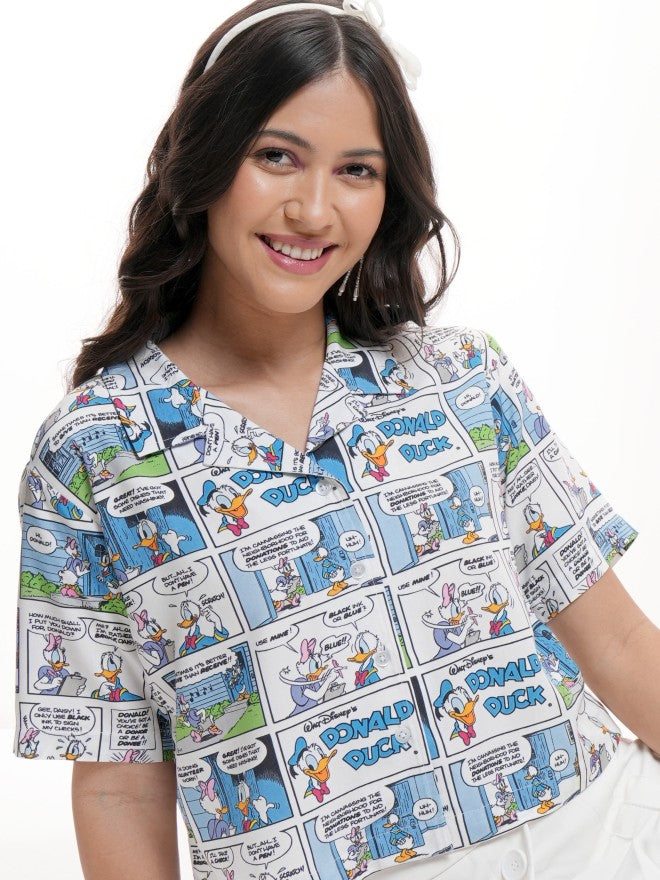 Disney By Tokyo Talkies Women White Donald And Daisy Printed Casual Shirt - White - Image 1
