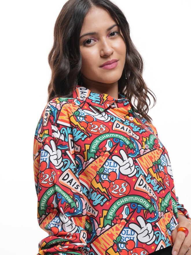 Disney By Tokyo Talkies Women Maroon Mickey And Friends Printed Casual Shirt - Maroon - Image 1
