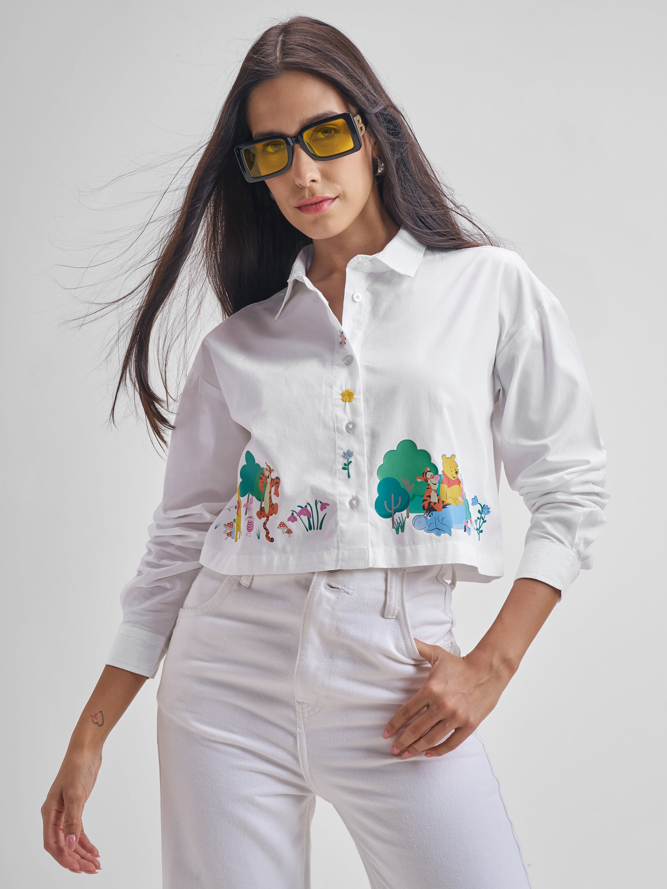 Disney By Tokyo Talkies Women White Winnie The Pooh & Pals Printed Casual Shirt - White - Image 1