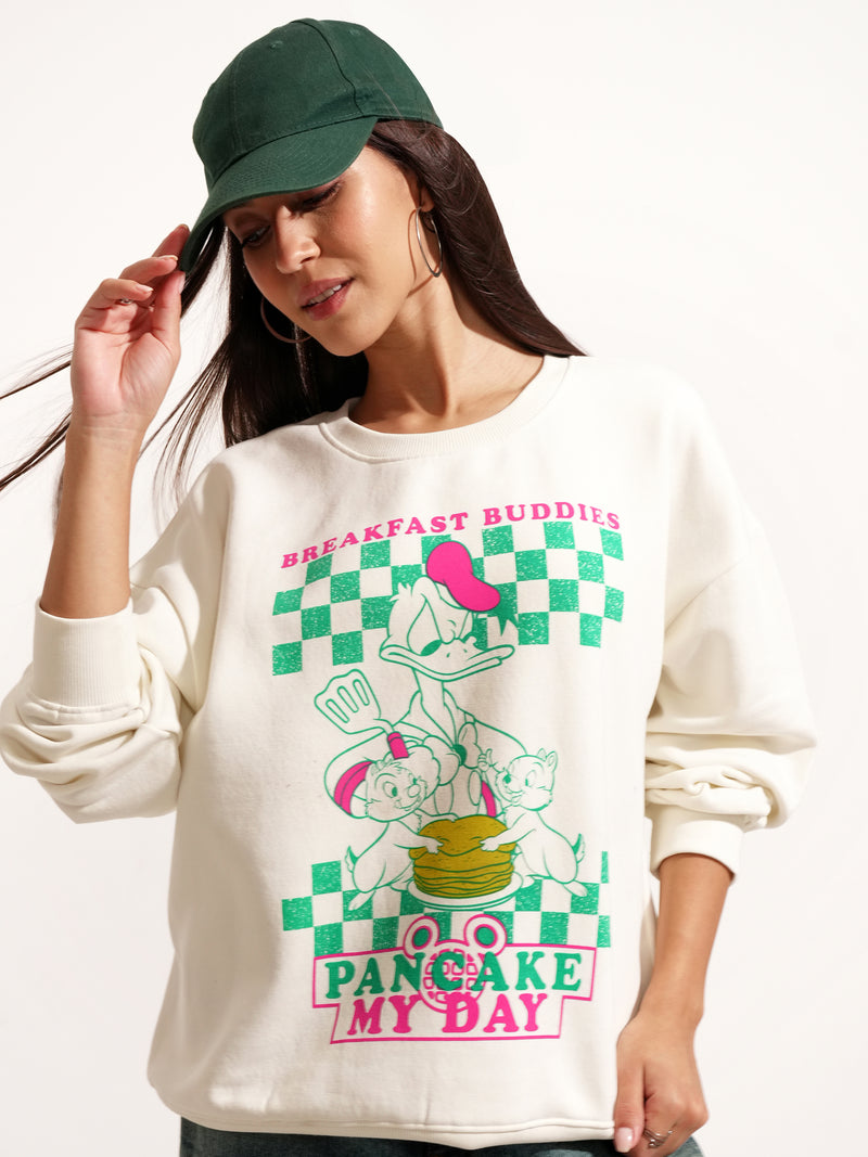 Disney By Tokyo Talkies Women White Donald Duck Printed Pullover Round Neck Sweatshirt - White - Image 1