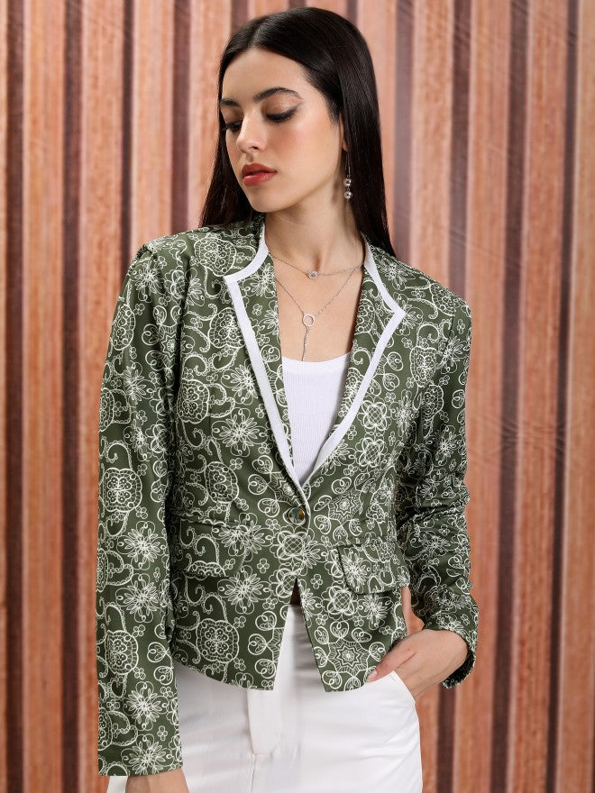 Tokyo Talkies Women Olive Single-Breasted Blazer - Olive - Image 1