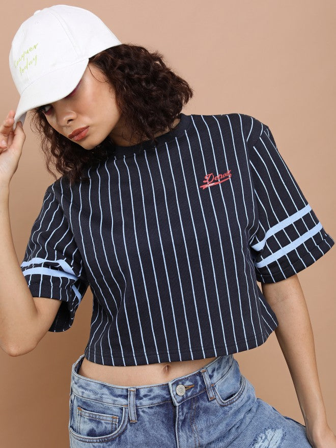 Tokyo Talkies Women Navy Blue Striped Round Neck T-Shirt - Navy Blue - Image 1