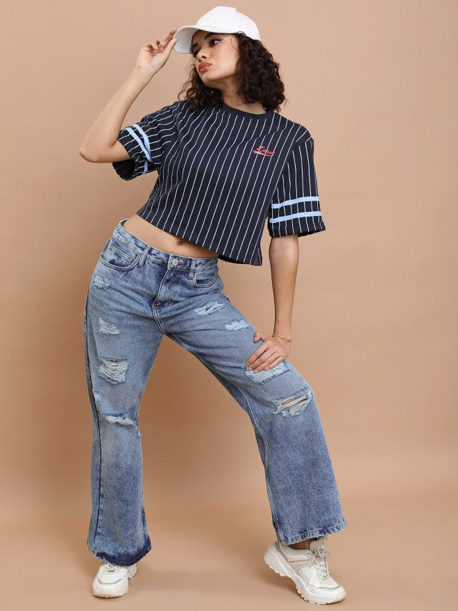 Tokyo Talkies Women Navy Blue Striped Round Neck T-Shirt - Navy Blue - Image 2