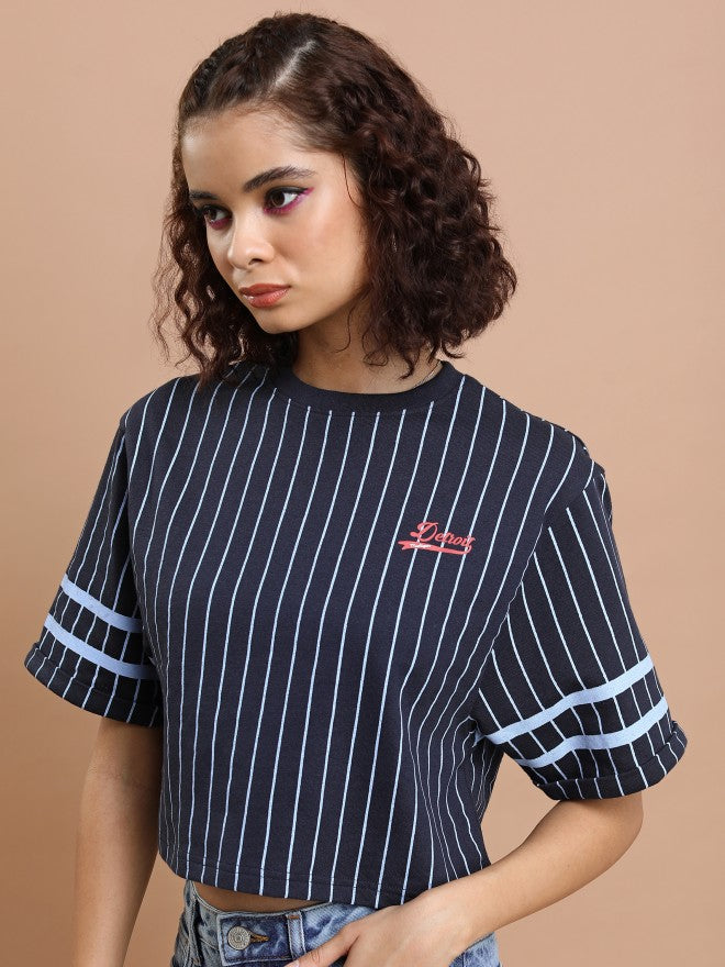Tokyo Talkies Women Navy Blue Striped Round Neck T-Shirt - Navy Blue - Image 4