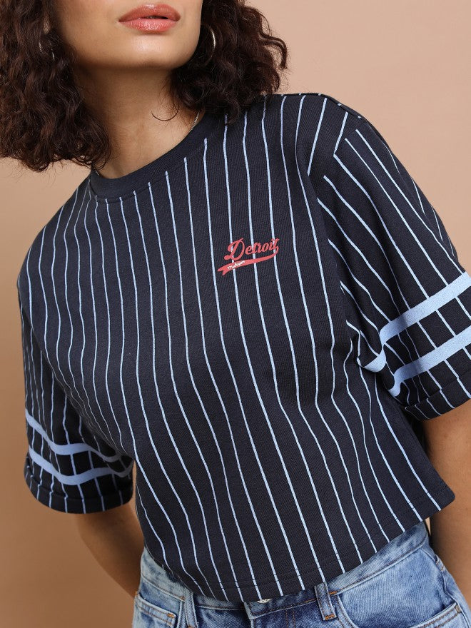 Tokyo Talkies Women Navy Blue Striped Round Neck T-Shirt - Navy Blue - Image 5