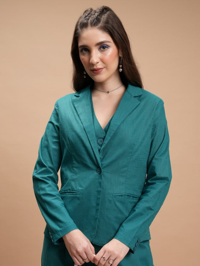 Tokyo Talkies Women Teal Single-Breasted Blazer - Teal - Image 1