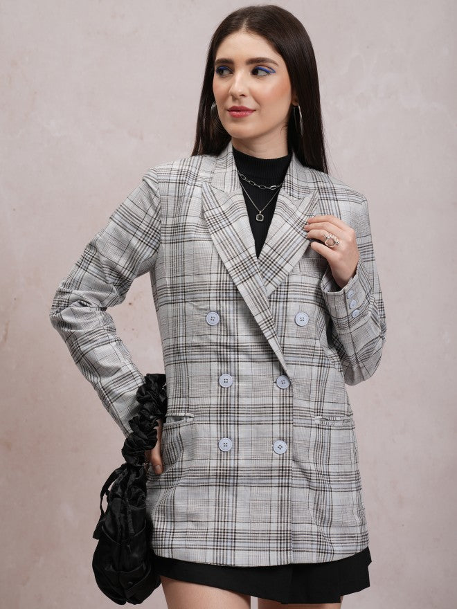 Tokyo Talkies Women Grey Double-Breasted Blazer - Grey - Image 1