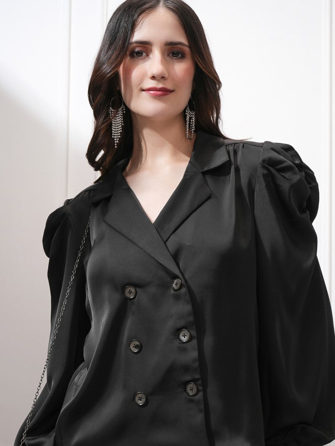 Tokyo Talkies Women Black Double-Breasted Blazer - Black - Image 1