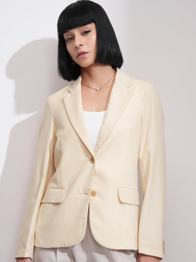 Tokyo Talkies Women Beige Single-Breasted Blazer - Beige - Image 1