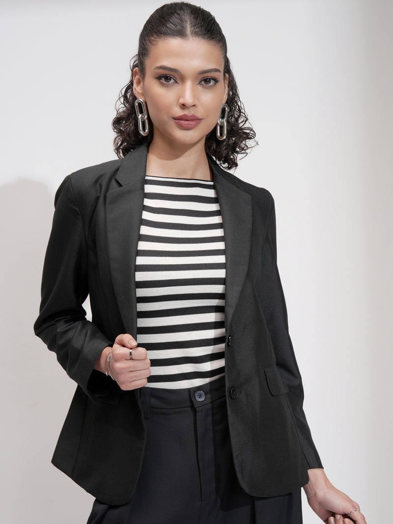 Tokyo Talkies Women Black Single-Breasted Blazer - Black - Image 1