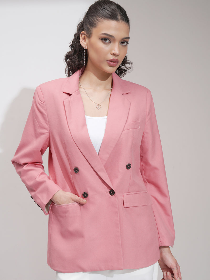 Tokyo Talkies Women Pink Double-Breasted Blazer - Pink - Image 1