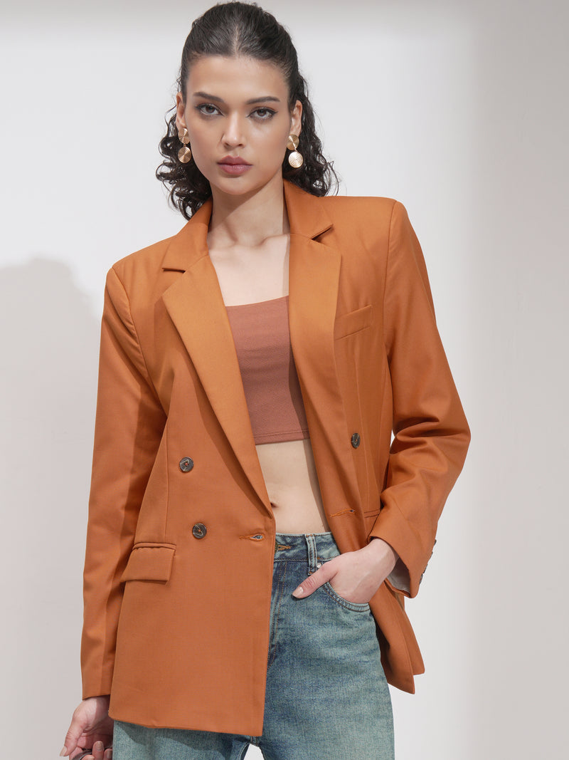 Tokyo Talkies Women Rust Double-Breasted Blazer - Rust - Image 1