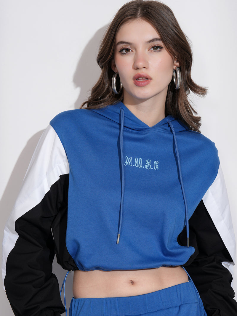 Tokyo Talkies Women Blue Printed Pullover Hood Sweatshirt - Blue - Image 1