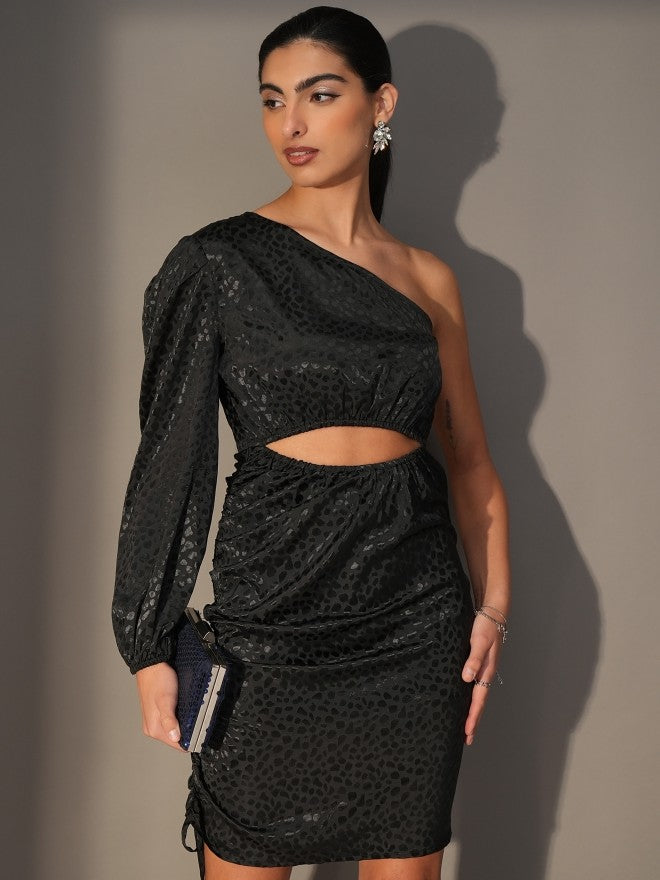 Tokyo Talkies Women Black Self Design Bodycon Dress - Black - Image 1