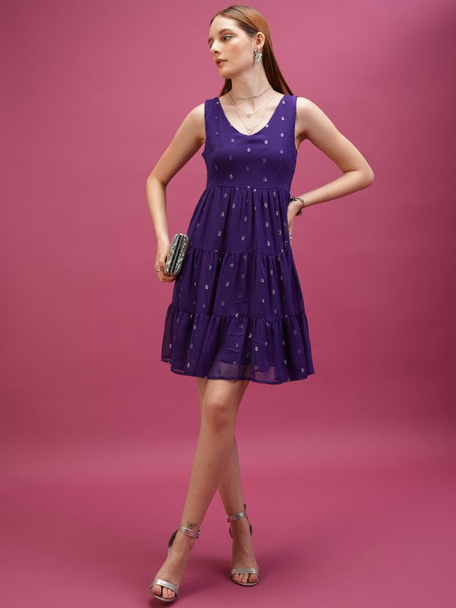 Self Design Fit & Flare Dress - Violet - Image 2