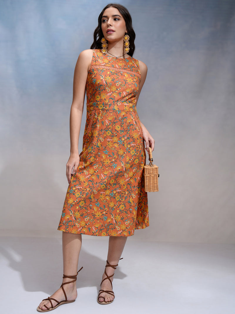 Tokyo Talkies Women Rust Printed A-Line Dress - Rust - Image 1