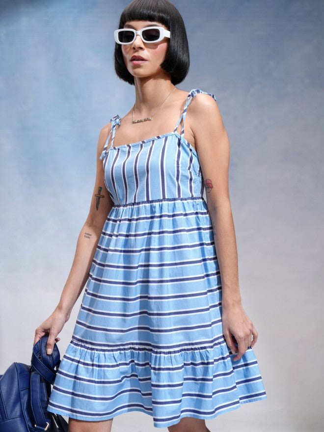 Tokyo Talkies Women Blue Striped A-Line Dress - Blue - Image 1