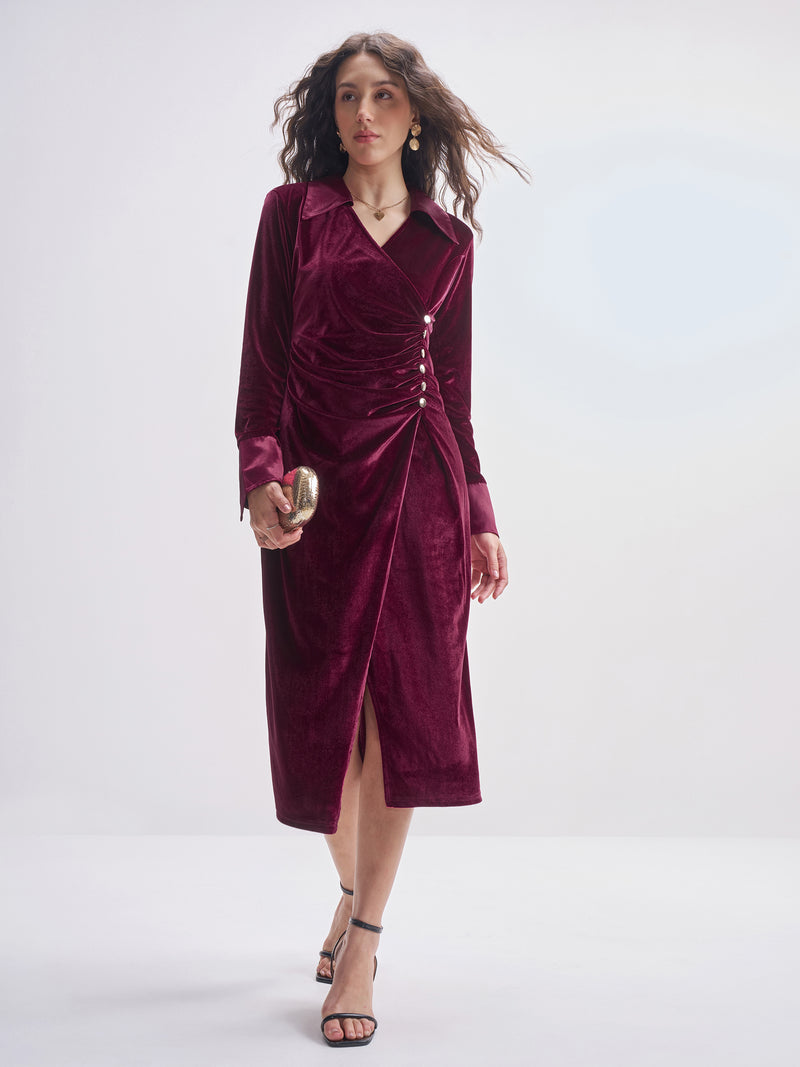 Tokyo Talkies Women Maroon Solid Shirt Dress - Maroon - Image 1