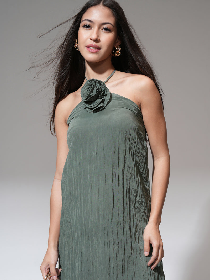 Tokyo Talkies Women Green Solid A-Line Dress - Green - Image 1