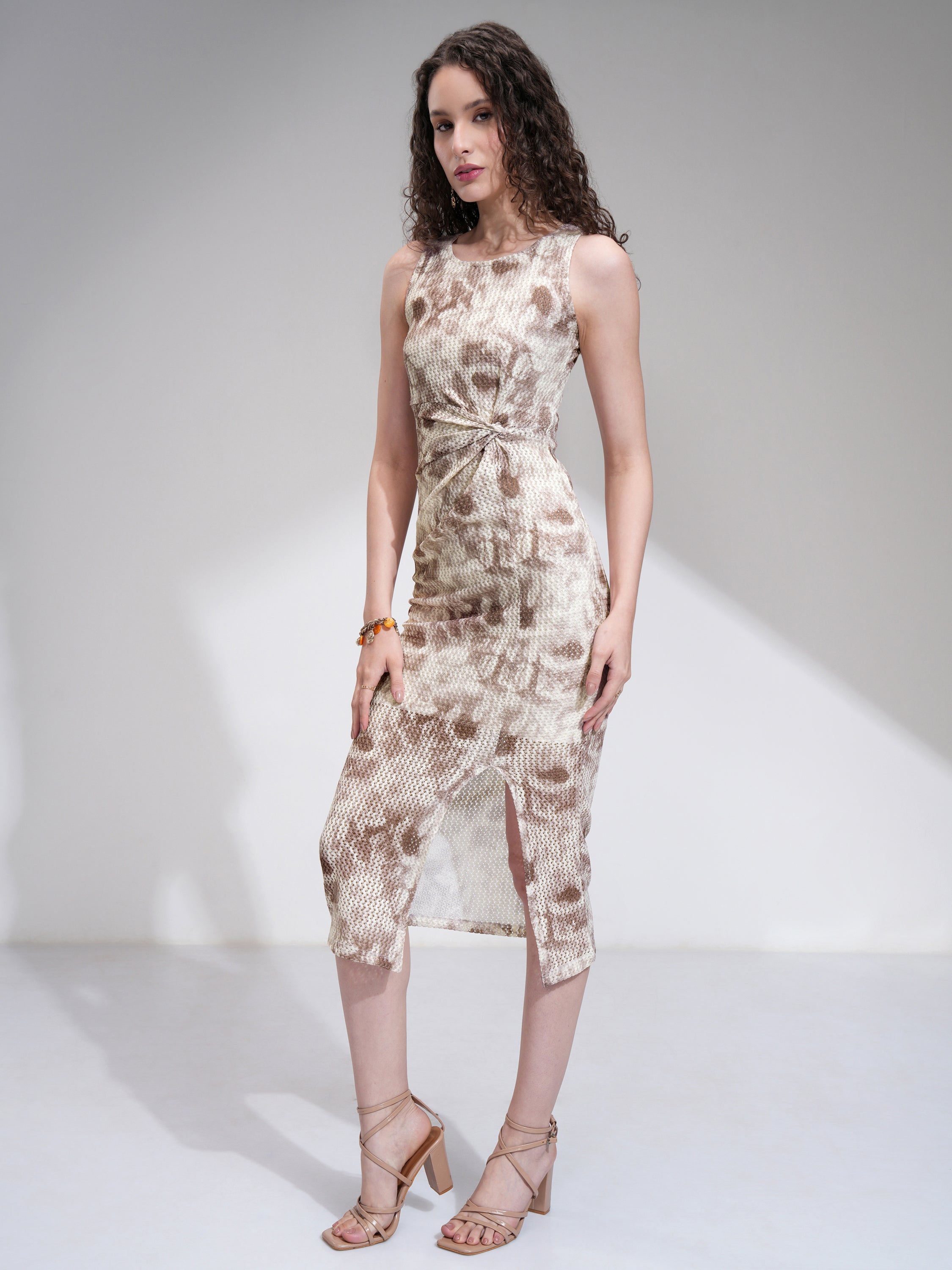 Tokyo Talkies Women Cream Printed Bodycon Dress - Cream - Image 4