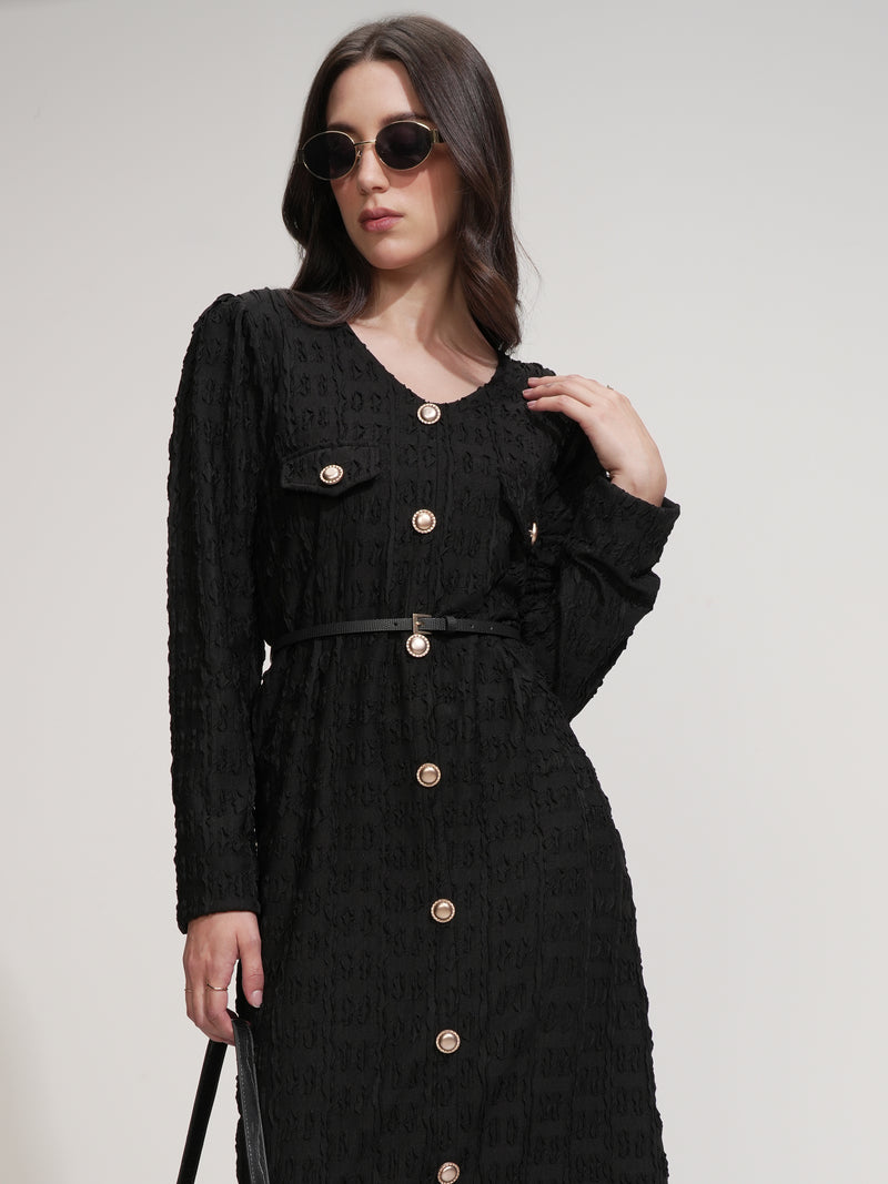 Tokyo Talkies Women Black Self Design Maxi Dress - Black - Image 1