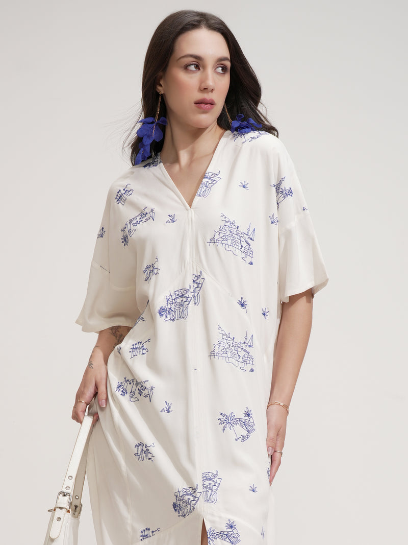 Tokyo Talkies Women Off White Printed Fit And Flare Dress - Off White - Image 1