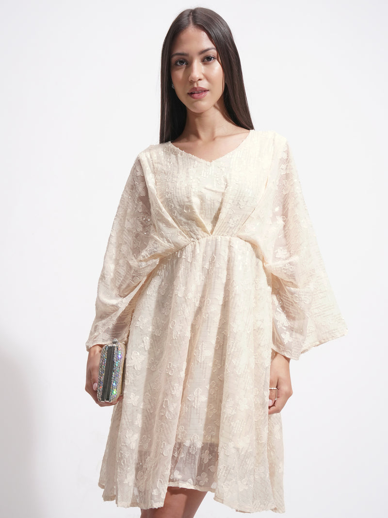 Tokyo Talkies Women Cream Self Design A-Line Dress - Cream - Image 1