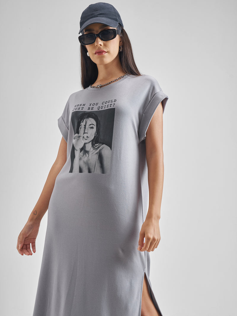 ESPYR By Tokyo Talkies Women Grey Printed T-shirt Dress - Grey - Image 1