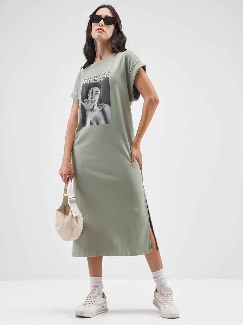 Tokyo Talkies Women Olive Printed T-shirt Dress - Olive - Image 1