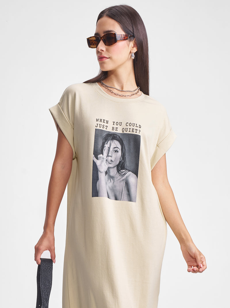 Tokyo Talkies Women Beige Printed T-shirt Dress - Beige - Image 1