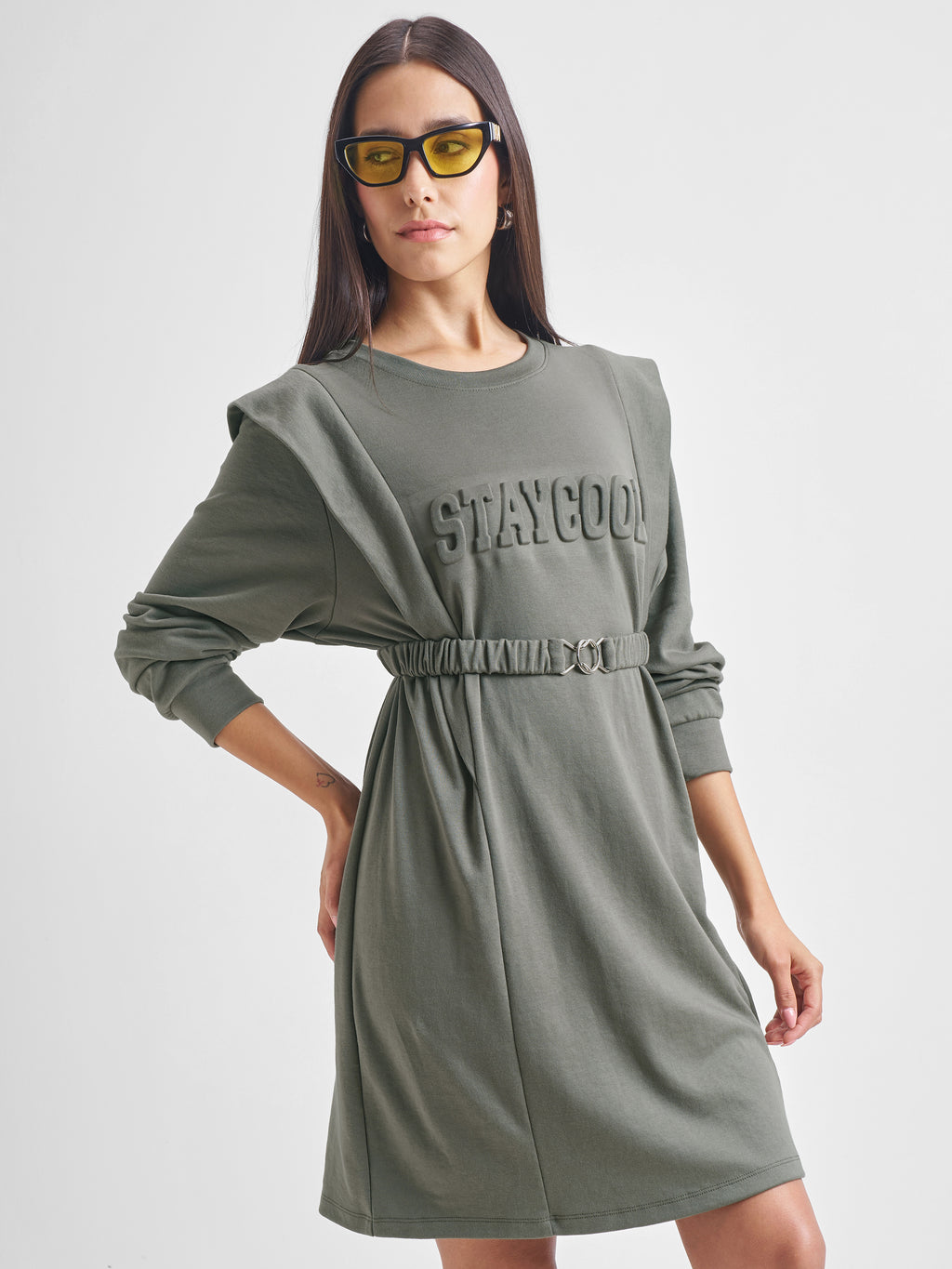 Tokyo Talkies Women Olive Solid Fit and Flare Dress - Olive - Image 6