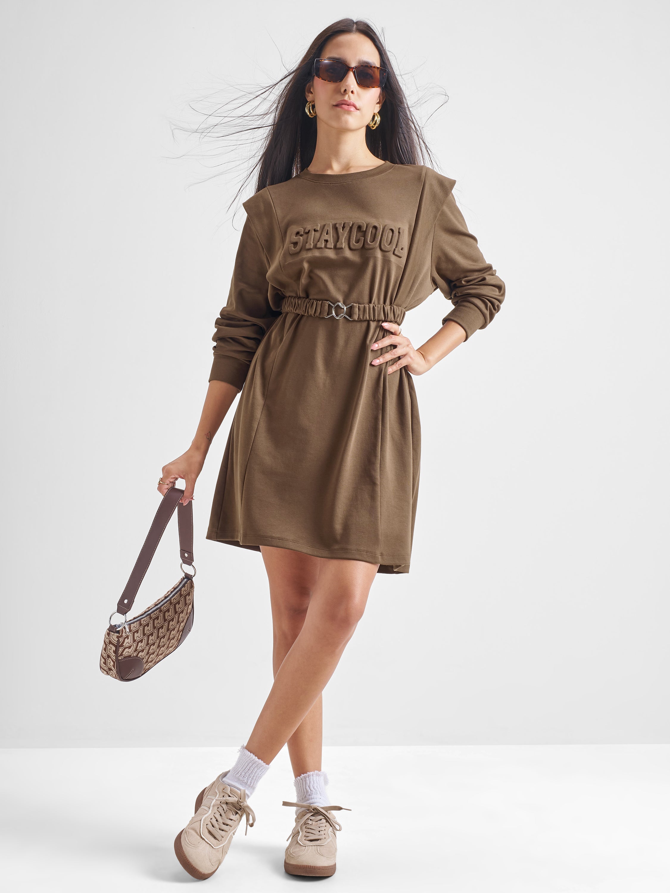 Tokyo Talkies Women Brown Solid Fit and Flare Dress - Brown - Image 2