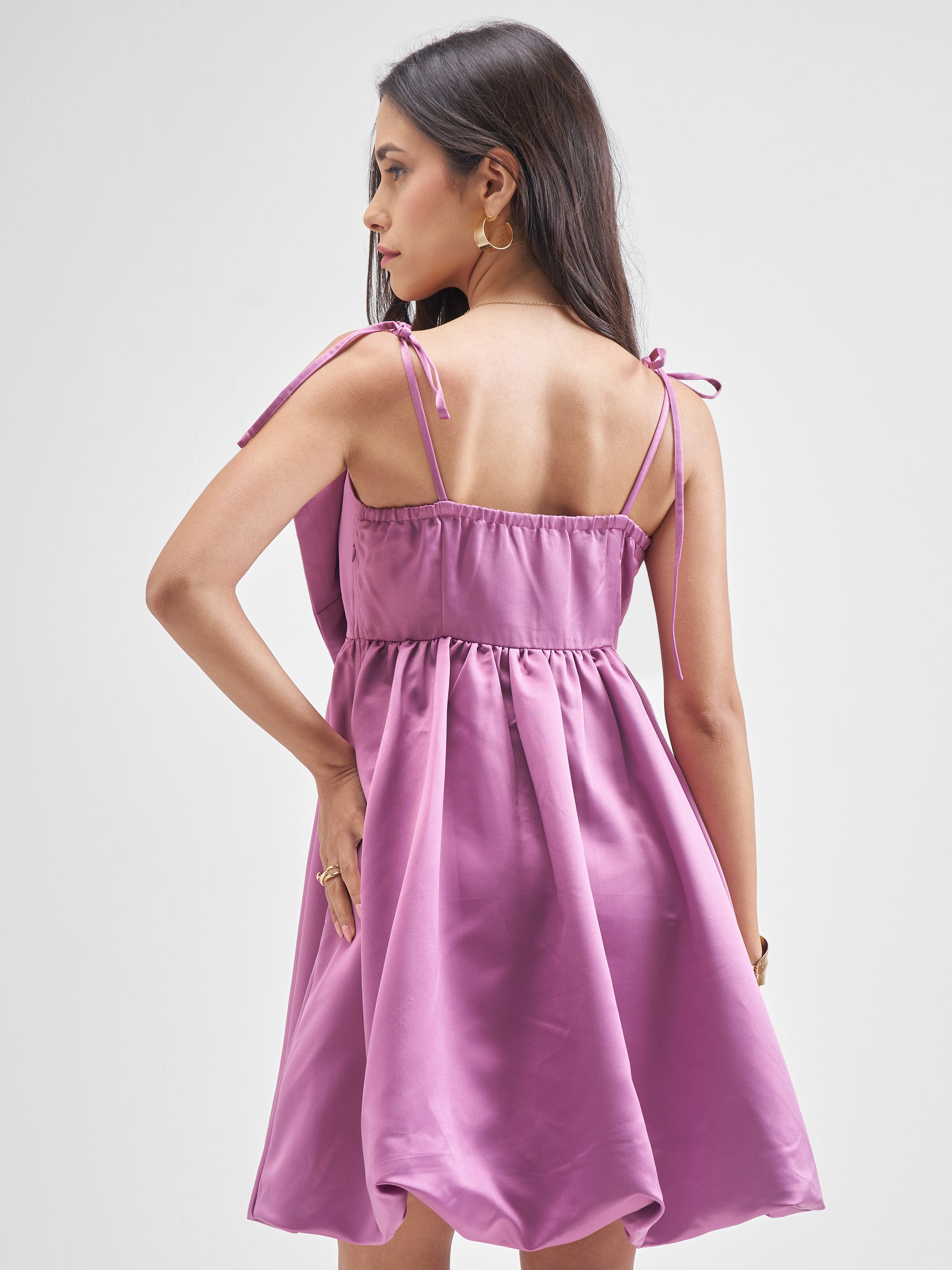 Tokyo Talkies Women Purple Solid Balloon Dress - Purple - Image 3