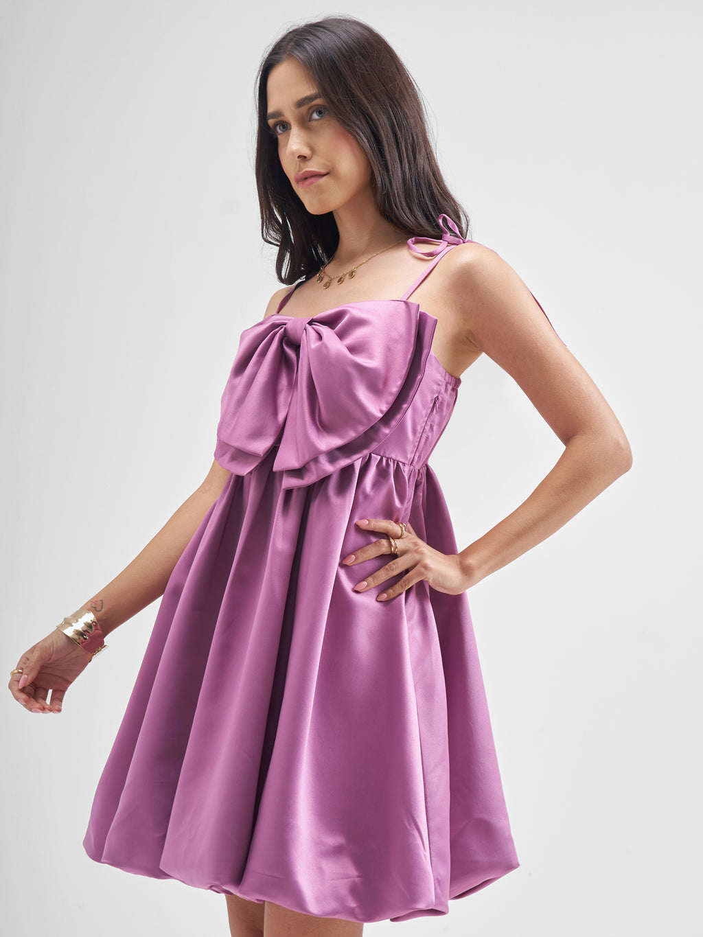 Tokyo Talkies Women Purple Solid Balloon Dress - Purple - Image 4