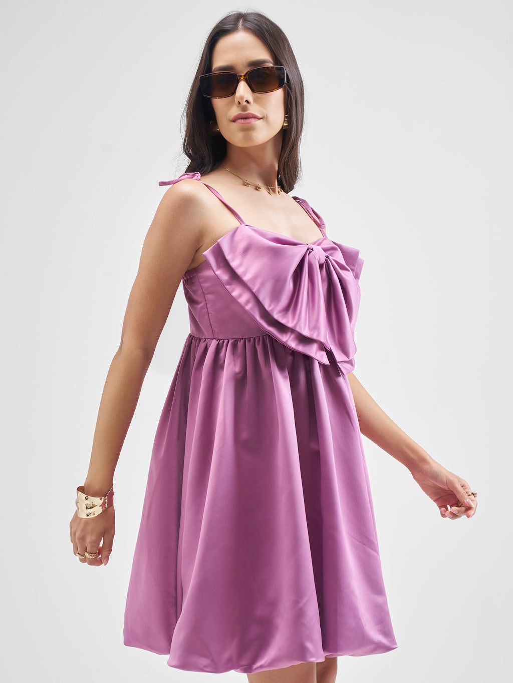 Tokyo Talkies Women Purple Solid Balloon Dress - Purple - Image 6