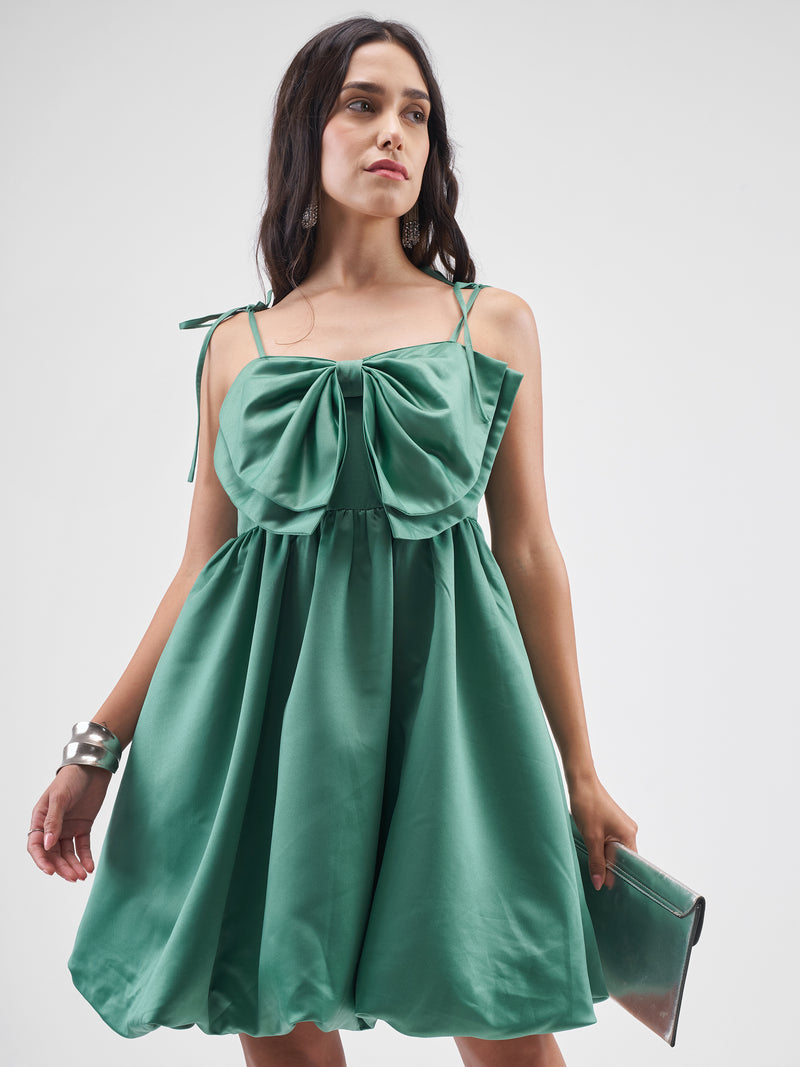 Tokyo Talkies Women Green Solid Balloon Dress - Green - Image 1
