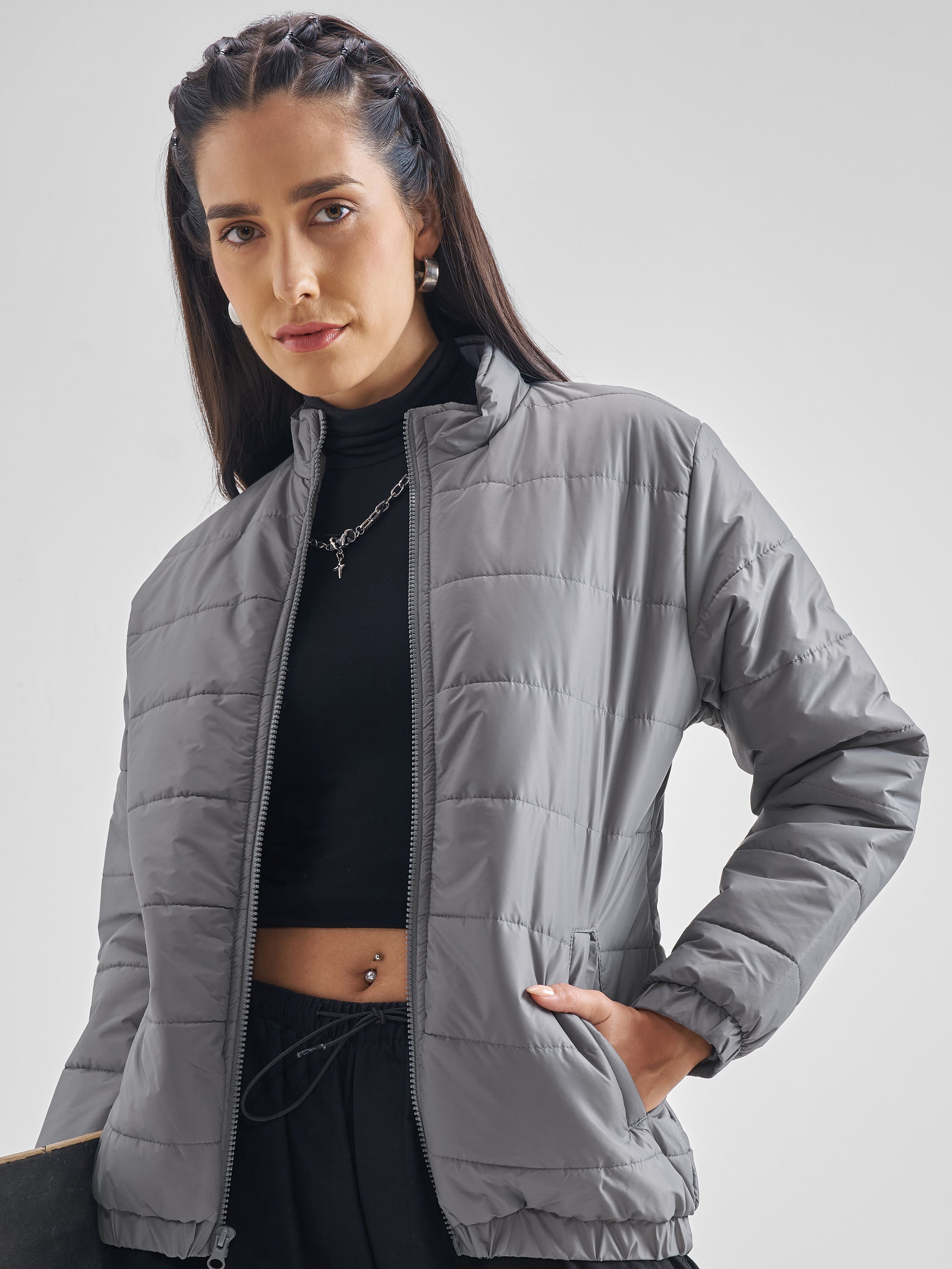 Tokyo Talkies Womens Grey/Silver Polyester Puffer Jacket - Grey - Image 1