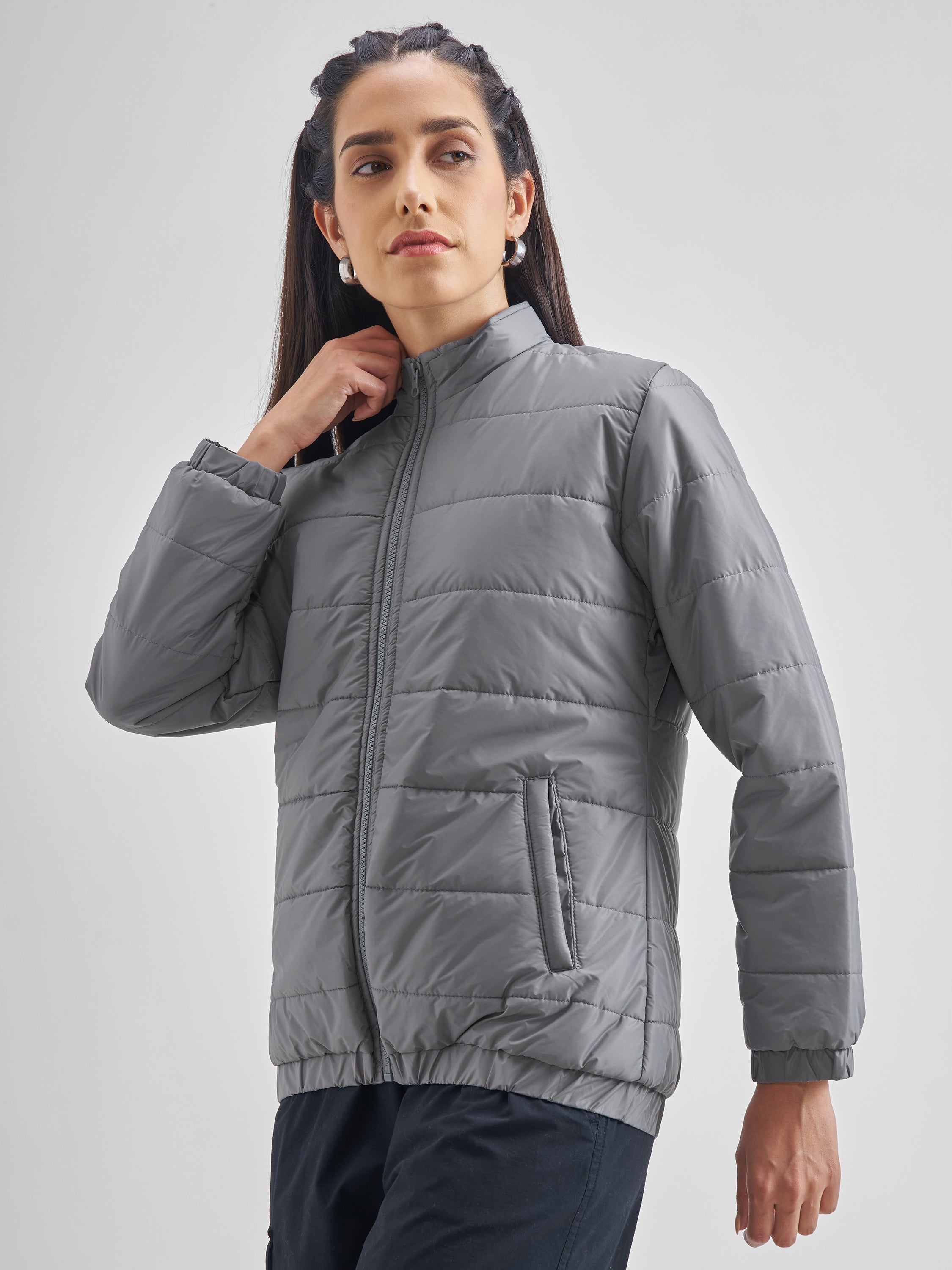 Tokyo Talkies Womens Grey/Silver Polyester Puffer Jacket - Grey - Image 4
