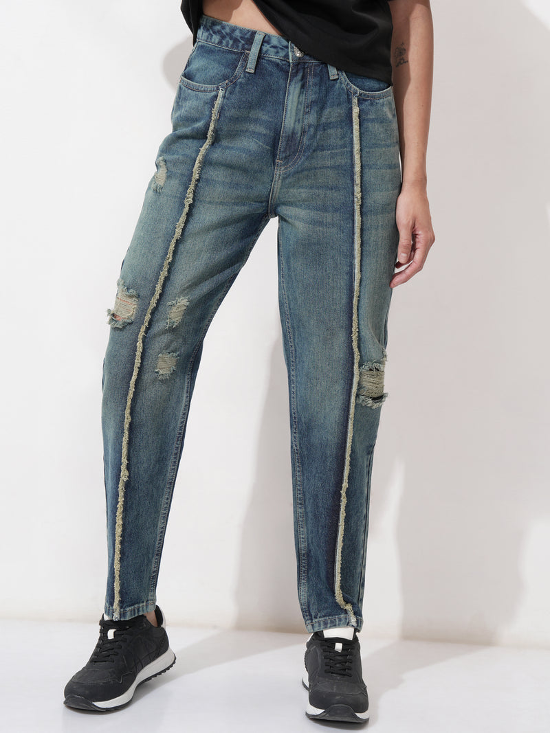 Tokyo Talkies Women Blue Mom Fit Highly Distressed Stretchable Jeans - Blue - Image 1