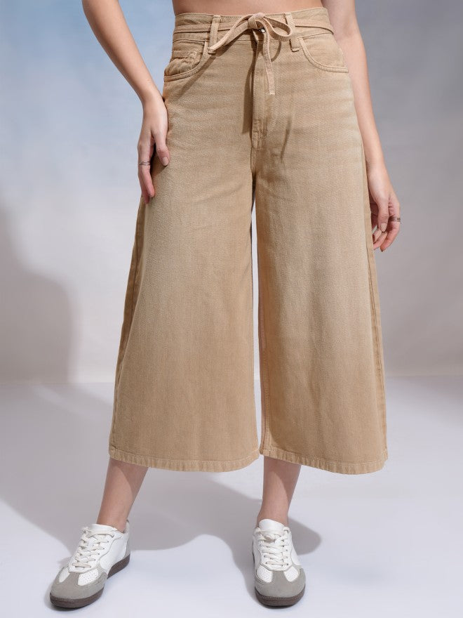 Tokyo Talkies Women Beige Wide Leg Stretchable Jeans - Beige - Image 1