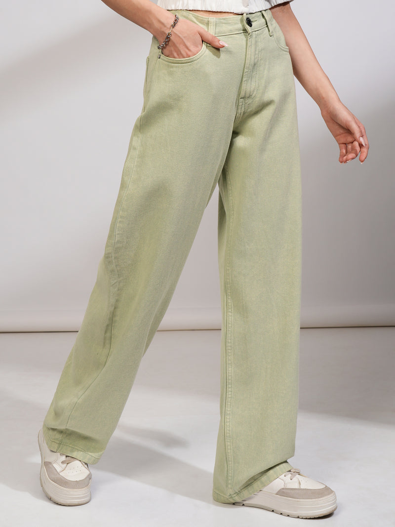 Tokyo Talkies Women Green Straight Fit Stretchable Jeans - Green - Image 1