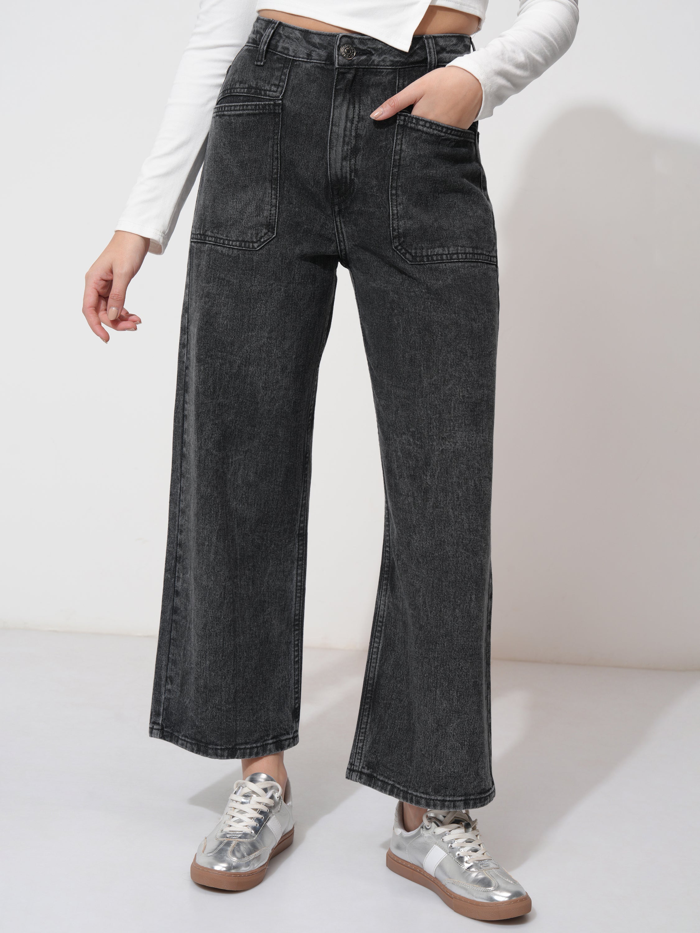 Tokyo Talkies Women Grey Straight Fit Stretchable Jeans - Grey - Image 1