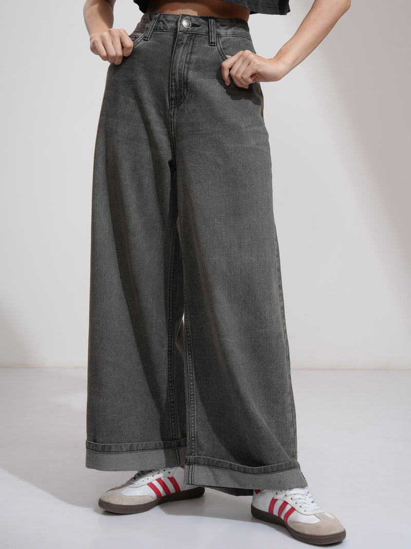 Tokyo Talkies Women Grey Wide Leg Stretchable Jeans - Grey - Image 1