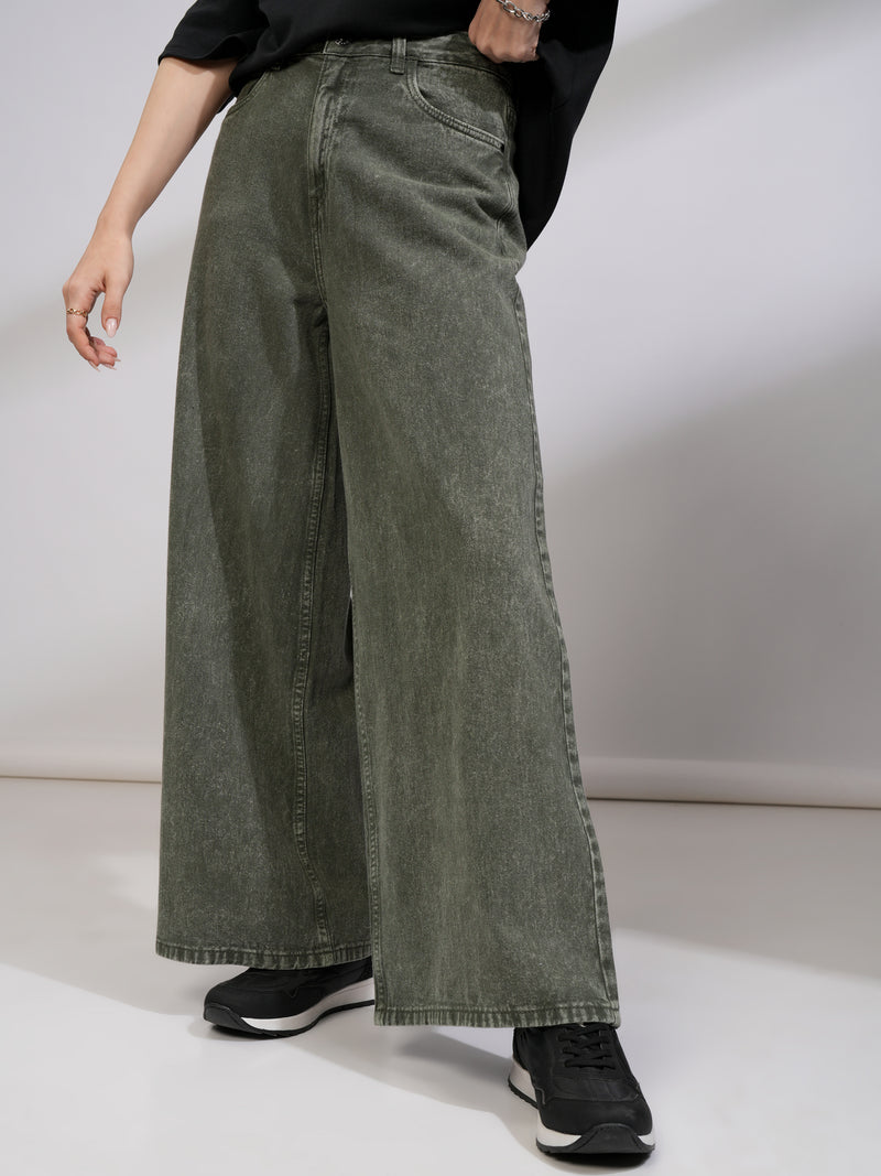 Tokyo Talkies Women Olive Flared Stretchable Jeans - Olive - Image 1