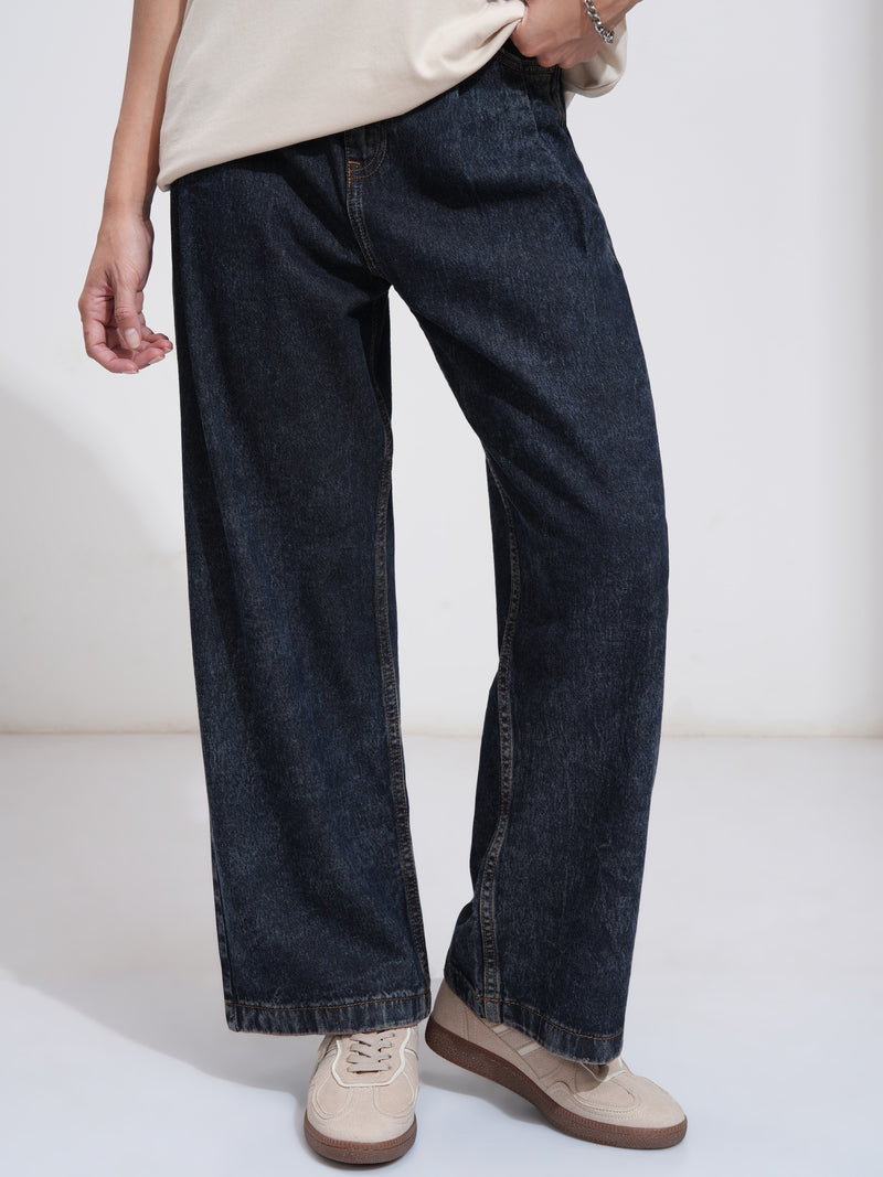 Tokyo Talkies Women Navy Blue Wide Leg Stretchable Jeans - Navy Blue - Image 1