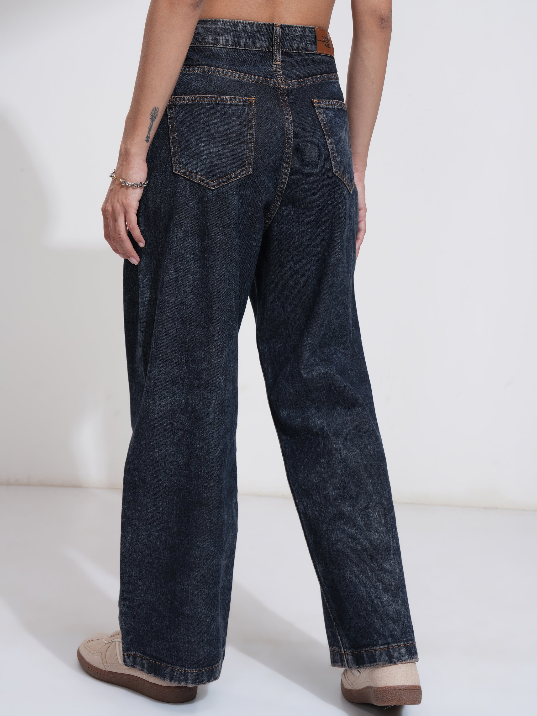 Tokyo Talkies Women Navy Blue Wide Leg Stretchable Jeans - Navy Blue - Image 3