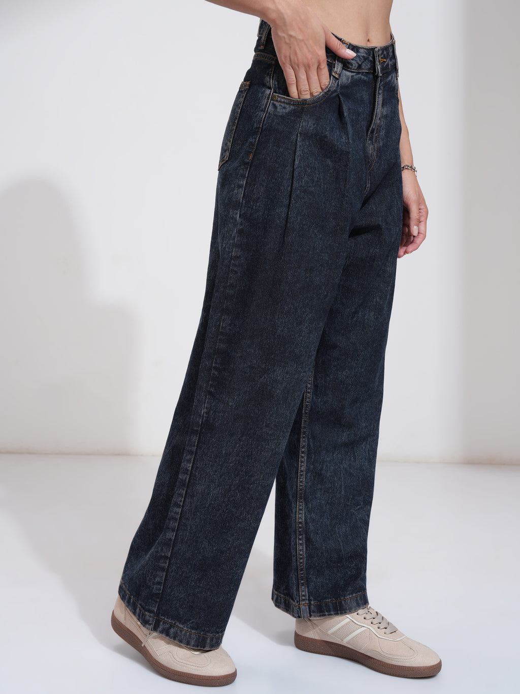 Tokyo Talkies Women Navy Blue Wide Leg Stretchable Jeans - Navy Blue - Image 6