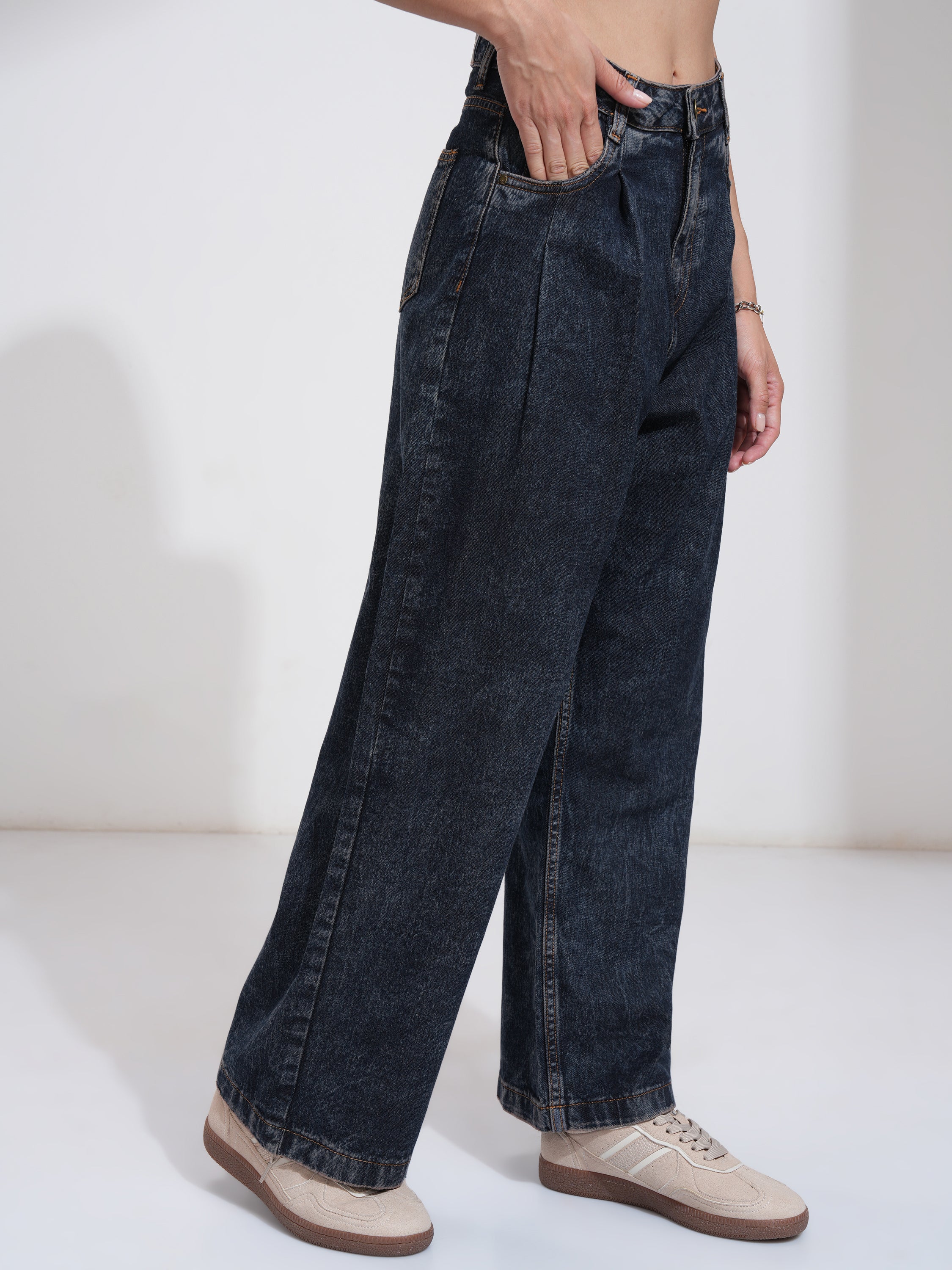 Tokyo Talkies Women Navy Blue Wide Leg Stretchable Jeans - Navy Blue - Image 6