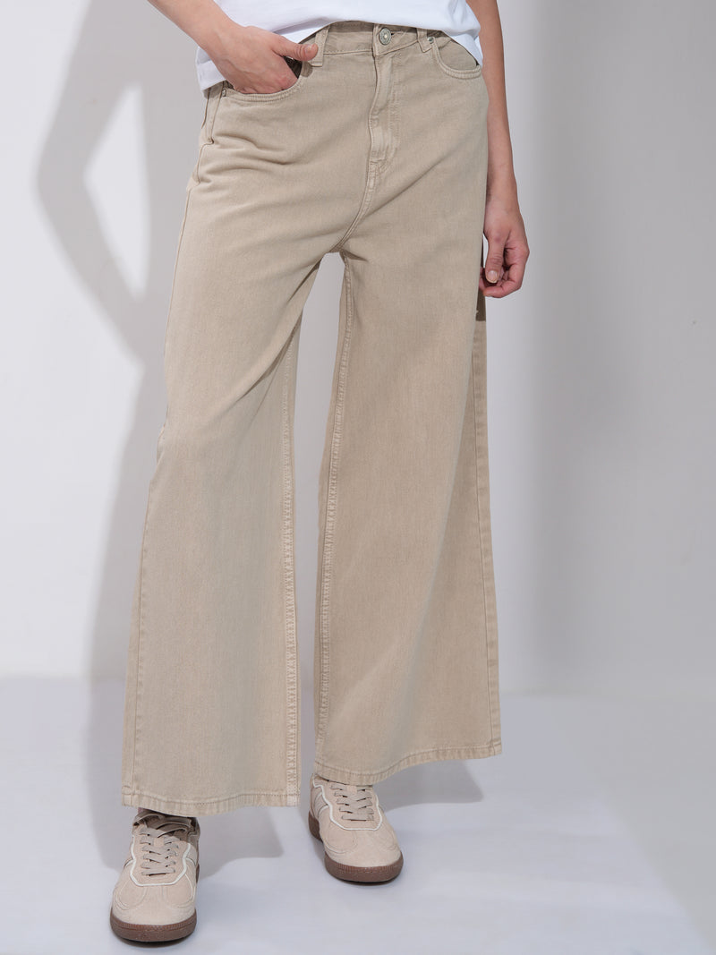 Tokyo Talkies Women Beige Wide Leg Jeans - Beige - Image 1